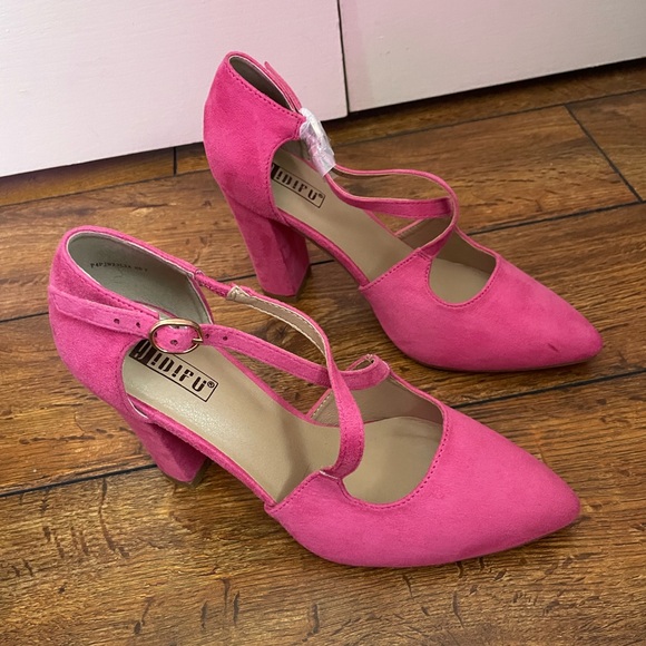 NWOT Chunky HERLS IDIFU 4in Chunky High Heels Pumps Closed Toe Block Strappy - Picture 6 of 15